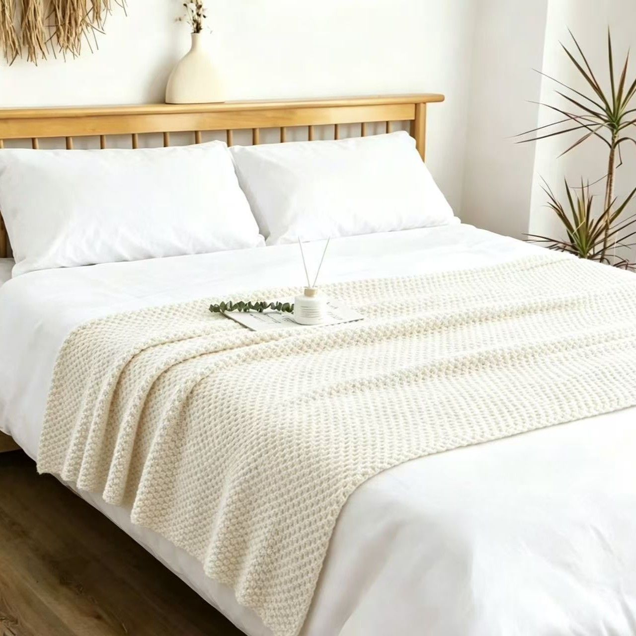 Beige 110*150cm Nordic Style Tassel Knit Throw Blanket - Soft Polyester Sofa Blanket with Pineapple Texture - Breathable & Lightweight for Office, Couch, Travel - Boho Chic Home Decor