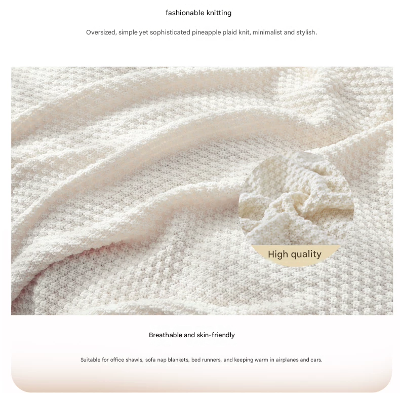 Beige 110*150cm Nordic Style Tassel Knit Throw Blanket - Soft Polyester Sofa Blanket with Pineapple Texture - Breathable & Lightweight for Office, Couch, Travel - Boho Chic Home Decor