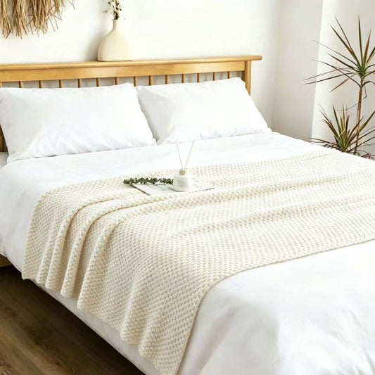 Off-white 130*170cm Nordic Style Tassel Knit Throw Blanket - Soft Polyester Sofa Blanket with Pineapple Texture - Breathable & Lightweight for Office, Couch, Travel - Boho Chic Home Decor