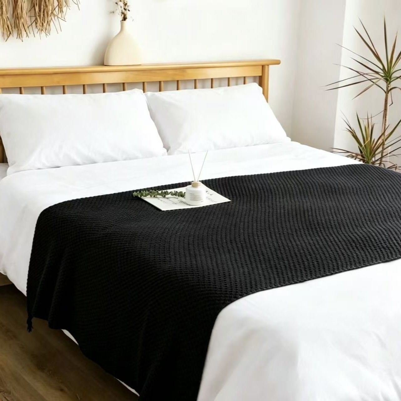 Black 1130*170cm Nordic Style Tassel Knit Throw Blanket - Soft Polyester Sofa Blanket with Pineapple Texture - Breathable & Lightweight for Office, Couch, Travel - Boho Chic Home Decor