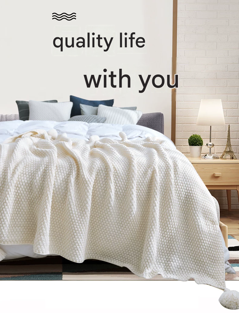 Khaki 110*150cm Nordic Style Tassel Knit Throw Blanket - Soft Polyester Sofa Blanket with Pineapple Texture - Breathable & Lightweight for Office, Couch, Travel - Boho Chic Home Decor