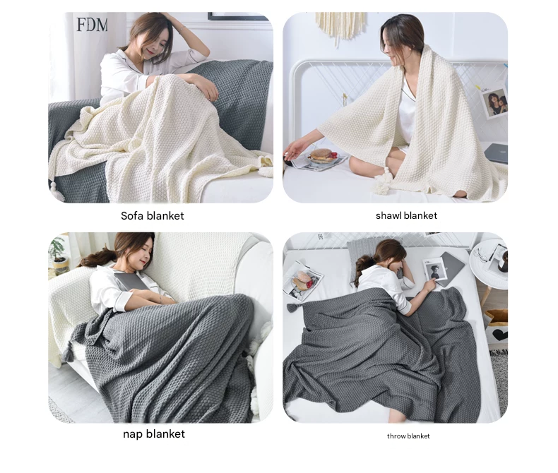 Khaki 150*200cm Nordic Style Tassel Knit Throw Blanket - Soft Polyester Sofa Blanket with Pineapple Texture - Breathable & Lightweight for Office, Couch, Travel - Boho Chic Home Decor
