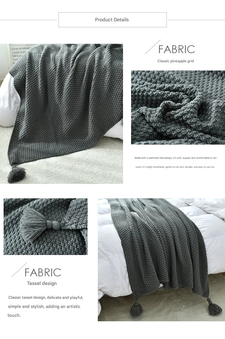 Grey 110*150cm Nordic Style Tassel Knit Throw Blanket - Soft Polyester Sofa Blanket with Pineapple Texture - Breathable & Lightweight for Office, Couch, Travel - Boho Chic Home Decor