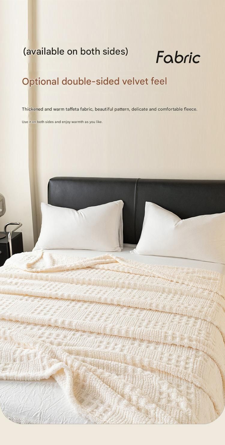 Beige 100*150cm Thickened Double-Sided Plush Waffle Weave Throw Blanket - Anti-Static Taffeta Velvet & Flannel Fleece - Warm, Soft, Non-Shedding Blanket for Winter, Sofa, Bed & Office