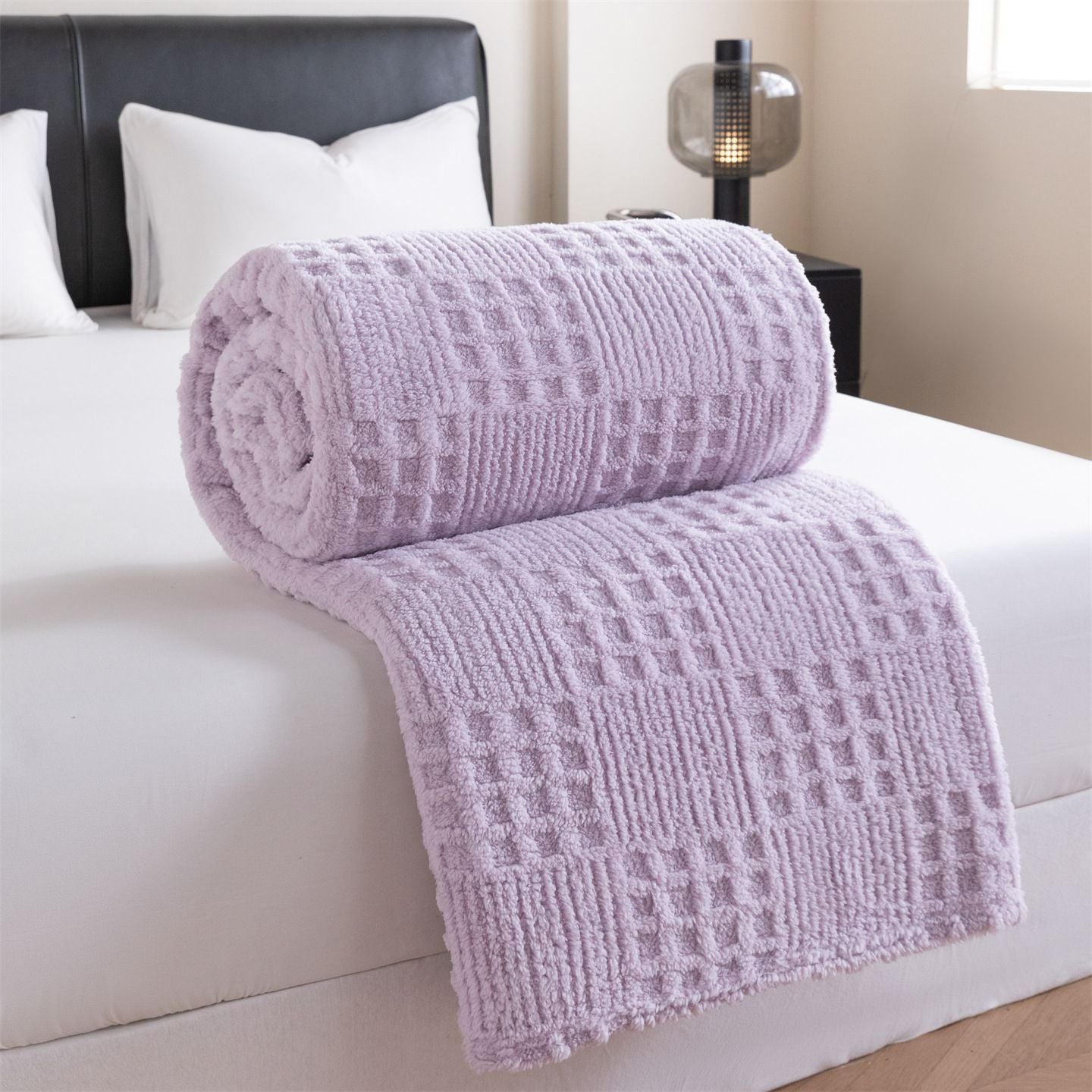 Purple 150*200cm Thickened Double-Sided Plush Waffle Weave Throw Blanket - Anti-Static Taffeta Velvet & Flannel Fleece - Warm, Soft, Non-Shedding Blanket for Winter, Sofa, Bed & Office