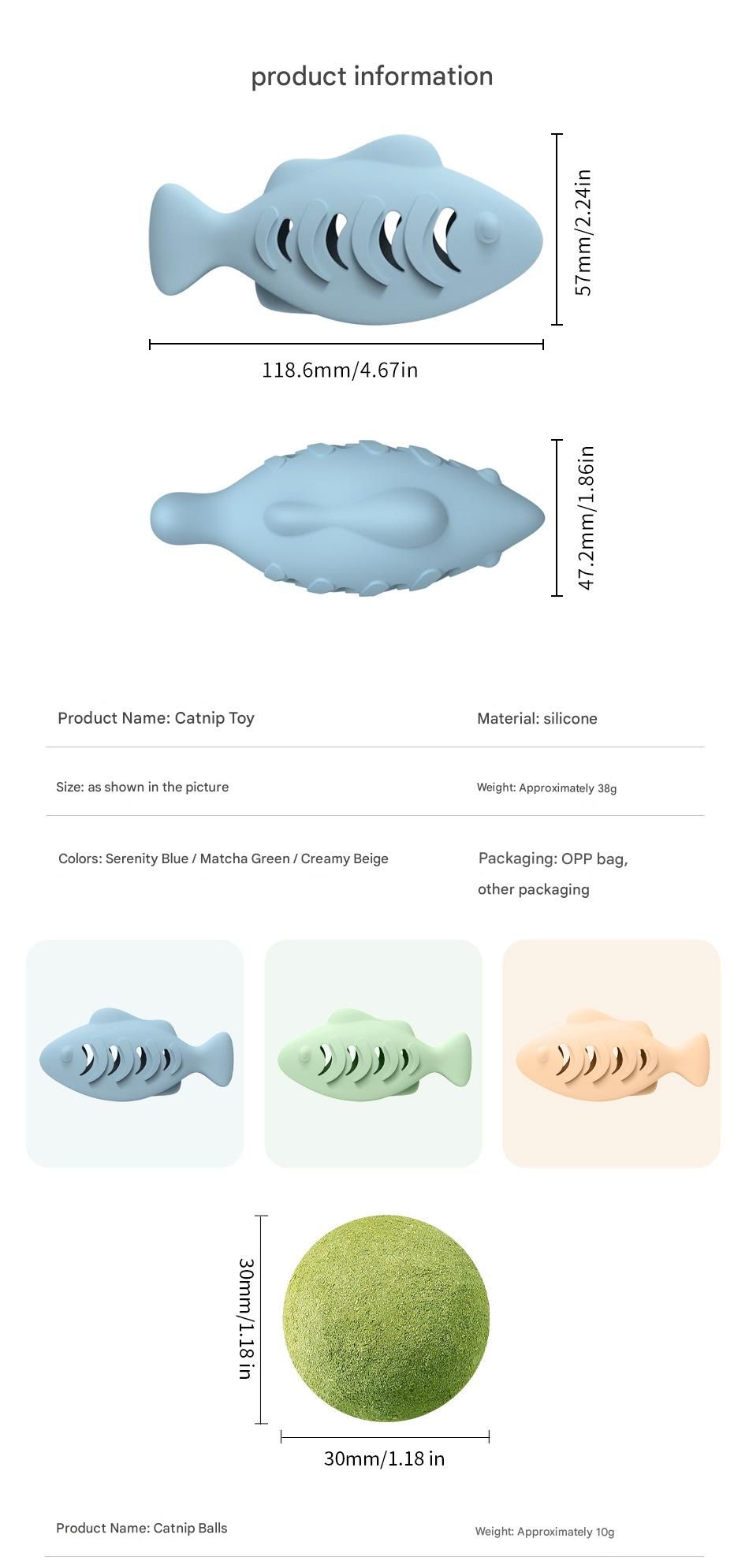 2-piece Green Fish-Shaped Silicone Cat Toy and  Catnip– 3-in-1 Interactive & Self-Entertaining Toy with Catnip/Cat food, Dental Care & Hairball Relief – BPA-Free, Food-Grade Safety