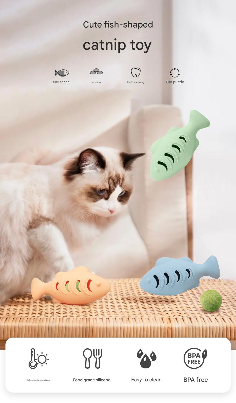 2-piece Cream-colored Fish-Shaped Silicone Cat Toy and  Catnip– 3-in-1 Interactive & Self-Entertaining Toy with Catnip/Cat food, Dental Care & Hairball Relief – BPA-Free, Food-Grade Safety