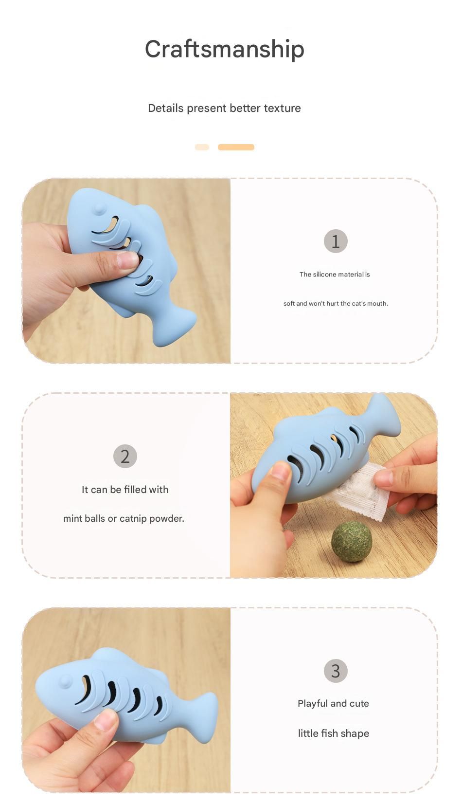 2-piece Cream-colored Fish-Shaped Silicone Cat Toy and  Catnip– 3-in-1 Interactive & Self-Entertaining Toy with Catnip/Cat food, Dental Care & Hairball Relief – BPA-Free, Food-Grade Safety