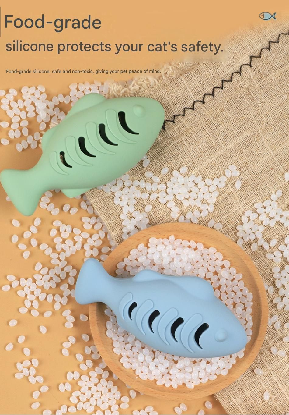 3-piece Blue and Green and Cream-colored Fish-Shaped Silicone Cat Toy and  Catnip– 3-in-1 Interactive & Self-Entertaining Toy with Catnip/Cat food, Dental Care & Hairball Relief – BPA-Free, Food-Grade Safety