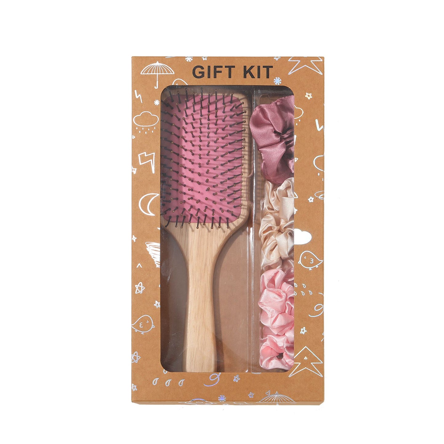 Pink Paddle Hair Brush Gift Set with Satin Scrunchies - Cushion Airbag Design for Scalp Massage and Detangling, Gift Ready Pack for Women and Girls, Ideal for Daily Hair Care and Styling