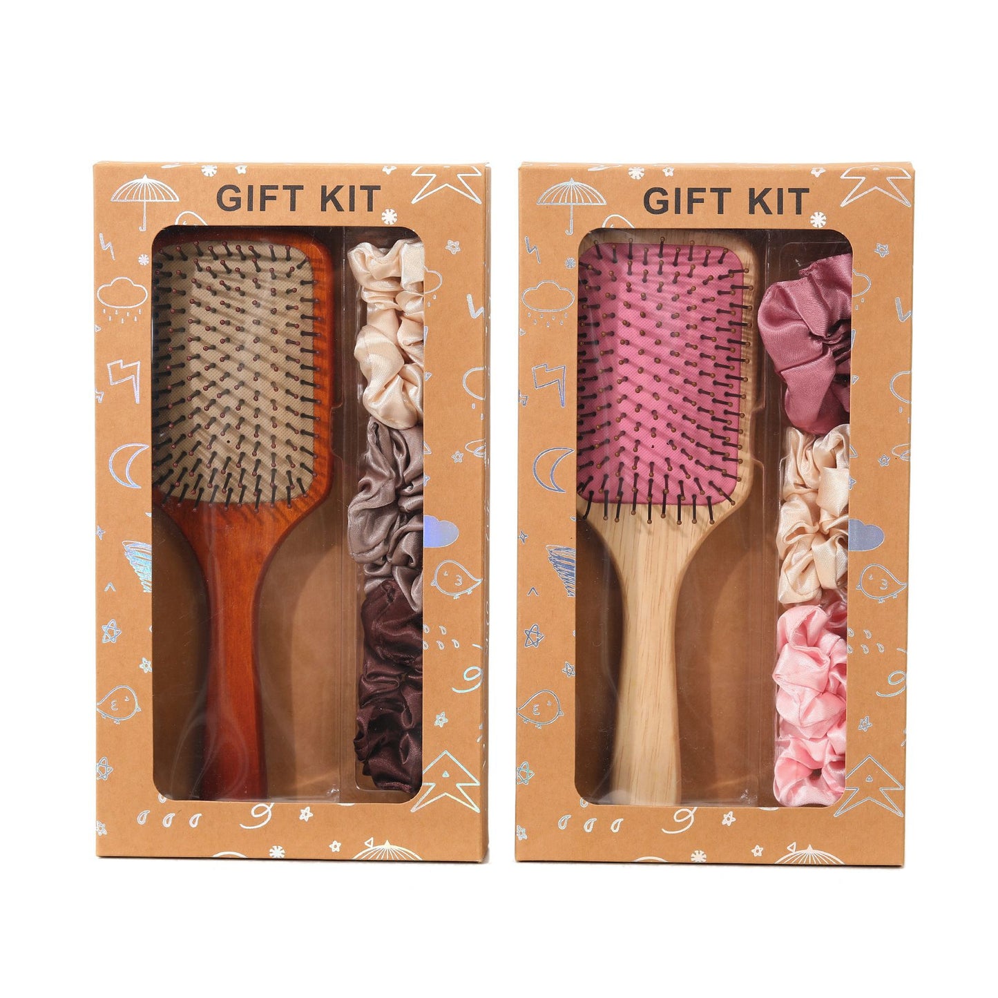 Pink Paddle Hair Brush Gift Set with Satin Scrunchies - Cushion Airbag Design for Scalp Massage and Detangling, Gift Ready Pack for Women and Girls, Ideal for Daily Hair Care and Styling
