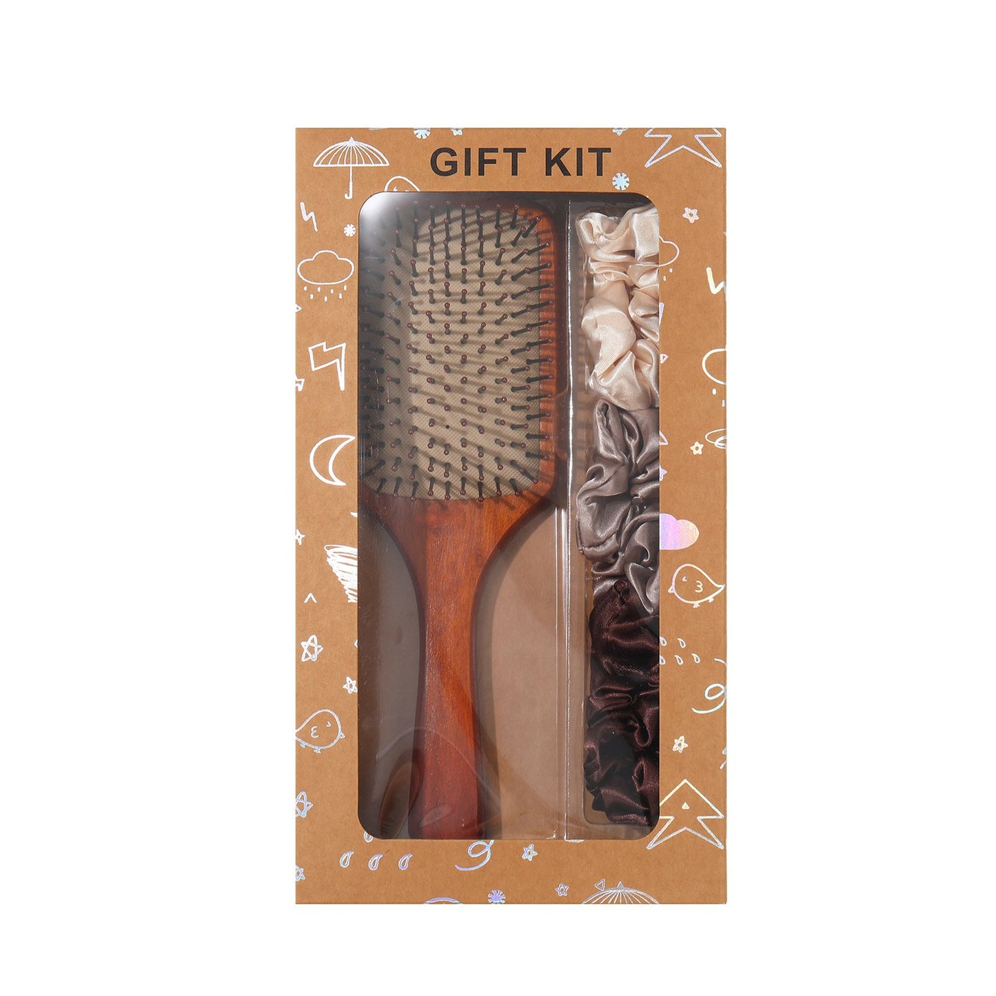 Yellow Paddle Hair Brush Gift Set with Satin Scrunchies - Cushion Airbag Design for Scalp Massage and Detangling, Gift Ready Pack for Women and Girls, Ideal for Daily Hair Care and Styling