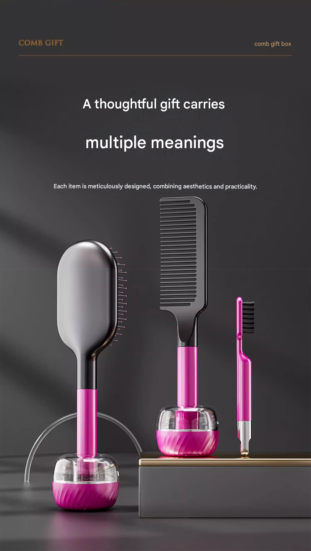 Rose Red 3-Piece Gift Box Set Premium ABS Hair Care Gift Set with Cushion Paddle Brush, Detangling Comb, Cleaning Brush & Stand - Elegant Mother’s Day or Couple’s Gift for Daily Styling and Scalp Comfort