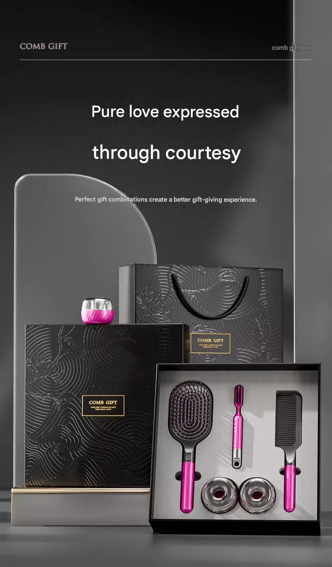 Black 3-Piece Gift Box Set Premium ABS Hair Care Gift Set with Cushion Paddle Brush, Detangling Comb, Cleaning Brush & Stand - Elegant Mother’s Day or Couple’s Gift for Daily Styling and Scalp Comfort