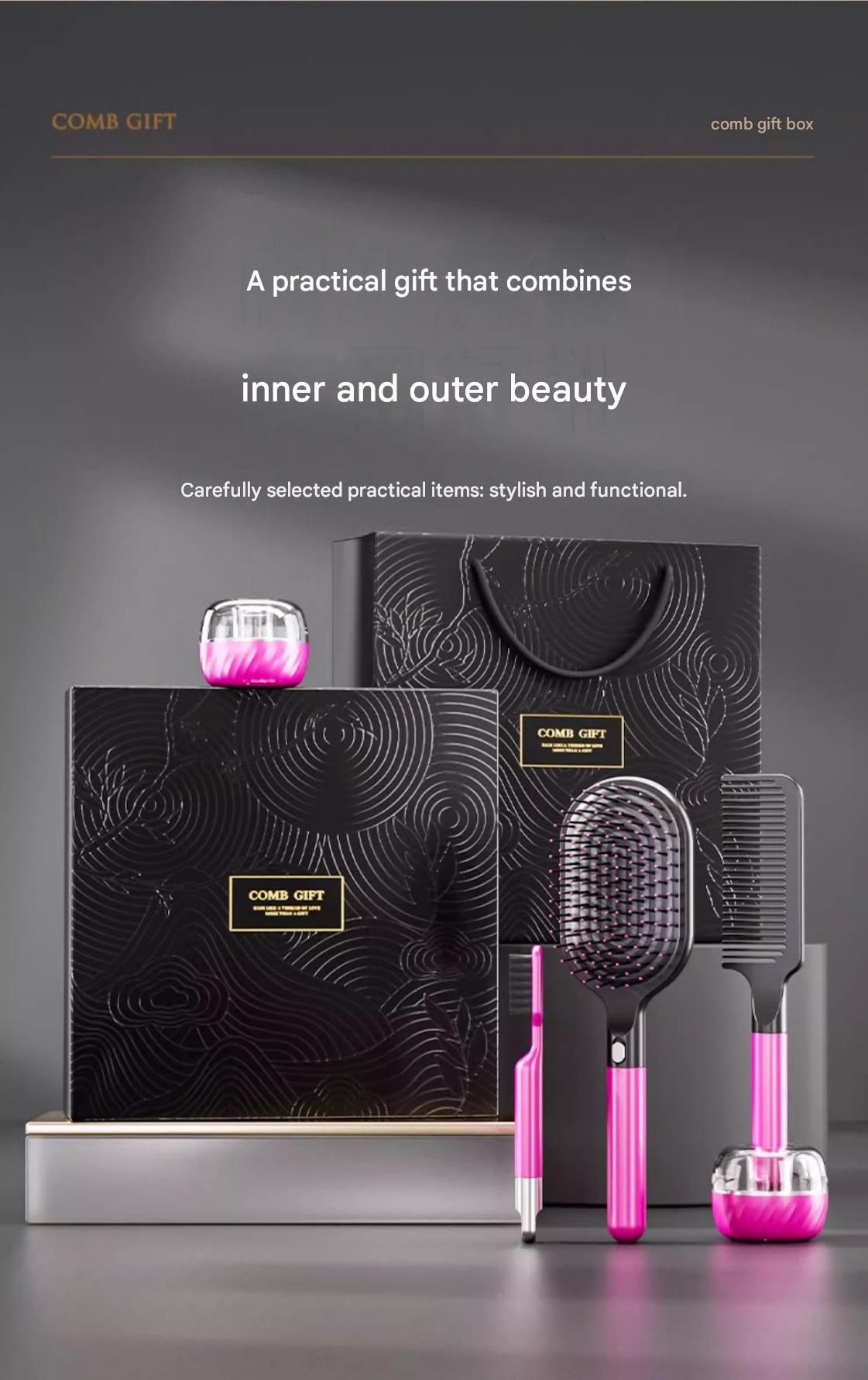 Black 3-Piece Gift Box Set Premium ABS Hair Care Gift Set with Cushion Paddle Brush, Detangling Comb, Cleaning Brush & Stand - Elegant Mother’s Day or Couple’s Gift for Daily Styling and Scalp Comfort