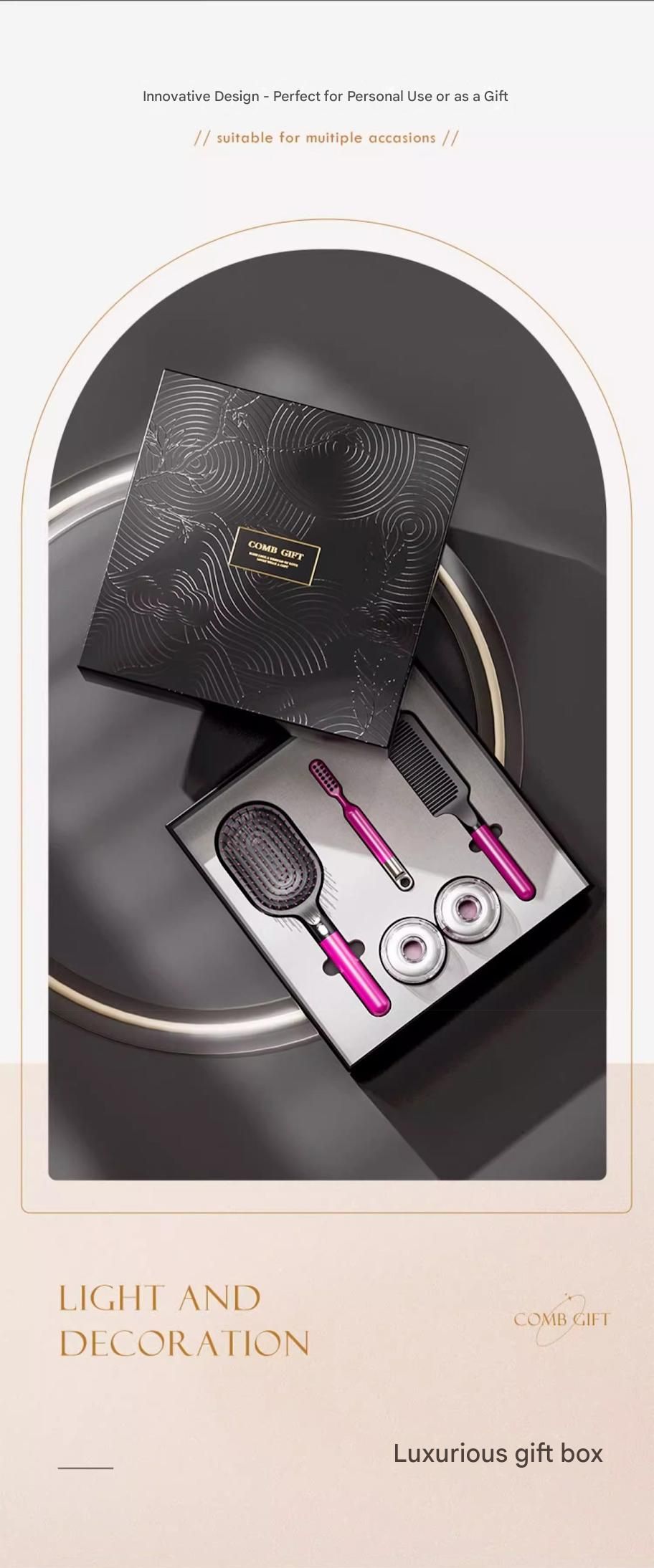 Rose Red 5-Piece Gift Box Set Premium ABS Hair Care Gift Set with Cushion Paddle Brush, Detangling Comb, Cleaning Brush & Stand - Elegant Mother’s Day or Couple’s Gift for Daily Styling and Scalp Comfort