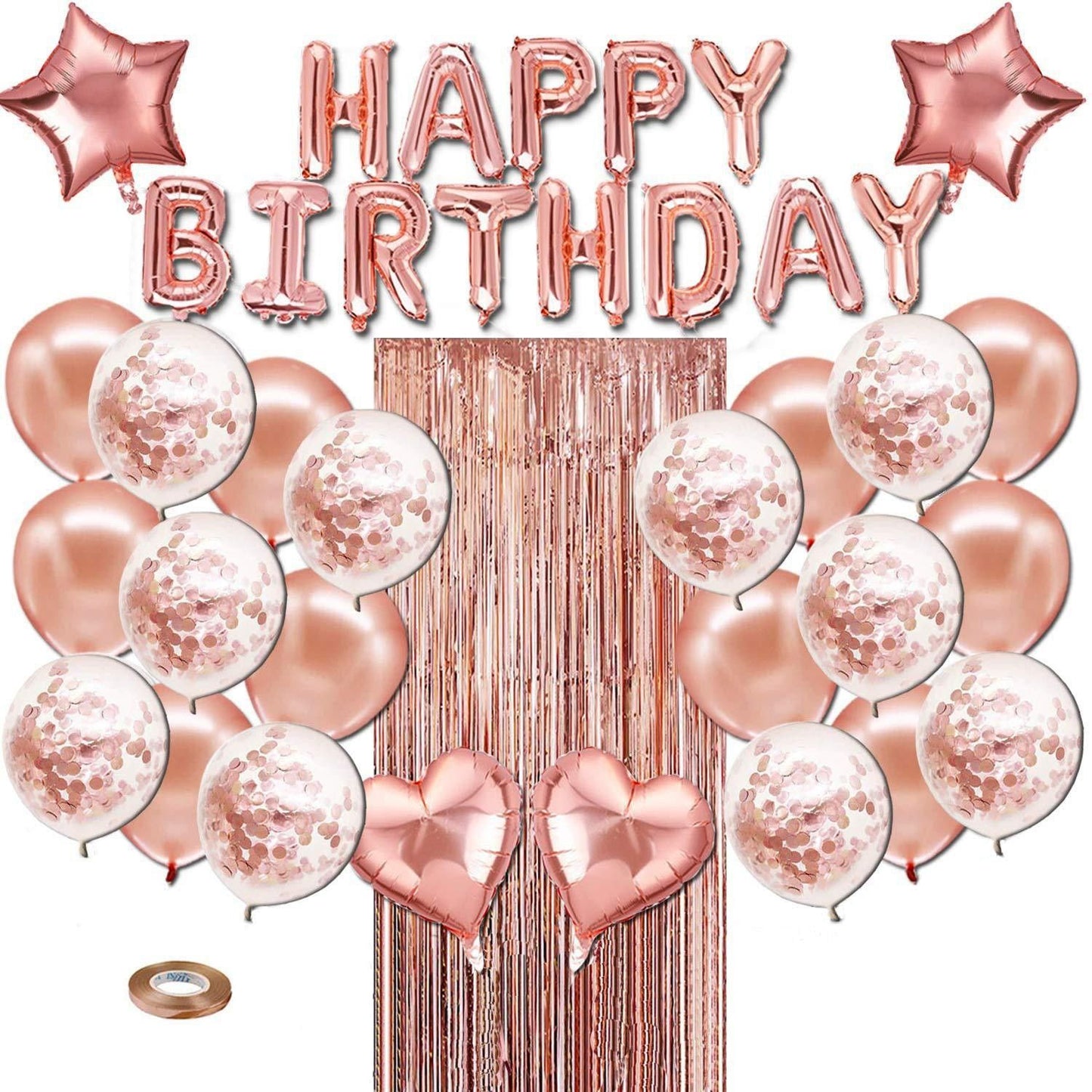 Pink Premium Foil Balloon Party Kit – Happy Birthday Banner, 2 Star & 2 Heart Foil Balloons, 10 Confetti + 10 Pearl Latex Balloons, 2m Fringe Curtain & 10m Ribbon – Elegant, Easy Setup for Birthdays & Celebrations