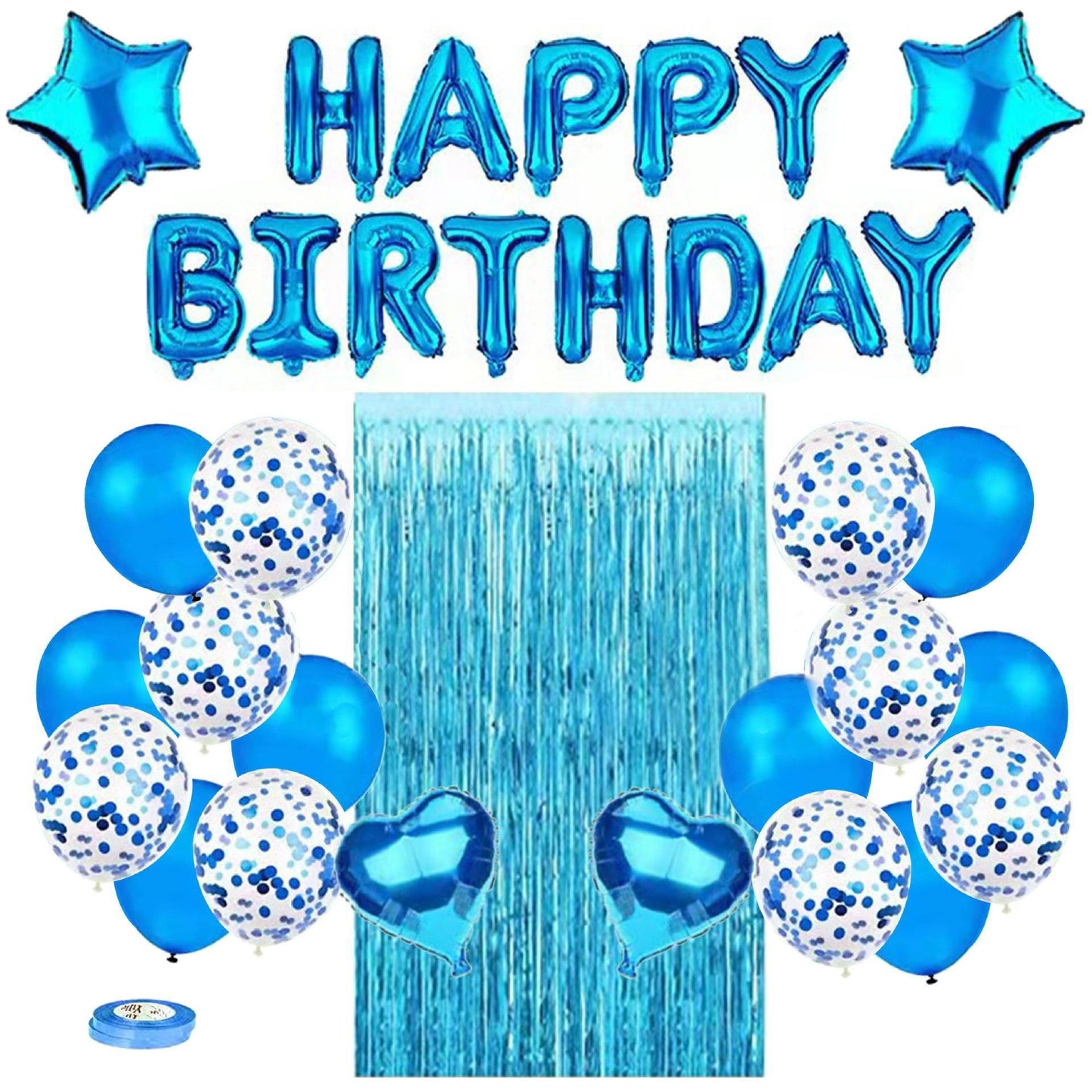 Blue Premium Foil Balloon Party Kit – Happy Birthday Banner, 2 Star & 2 Heart Foil Balloons, 10 Confetti + 10 Pearl Latex Balloons, 2m Fringe Curtain & 10m Ribbon – Elegant, Easy Setup for Birthdays & Celebrations