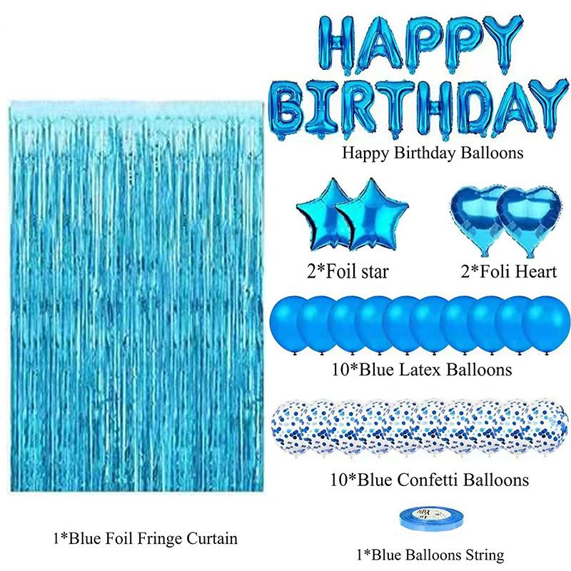 Blue Premium Foil Balloon Party Kit – Happy Birthday Banner, 2 Star & 2 Heart Foil Balloons, 10 Confetti + 10 Pearl Latex Balloons, 2m Fringe Curtain & 10m Ribbon – Elegant, Easy Setup for Birthdays & Celebrations