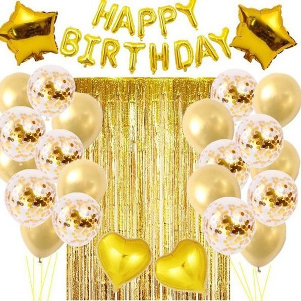 Blue Premium Foil Balloon Party Kit – Happy Birthday Banner, 2 Star & 2 Heart Foil Balloons, 10 Confetti + 10 Pearl Latex Balloons, 2m Fringe Curtain & 10m Ribbon – Elegant, Easy Setup for Birthdays & Celebrations