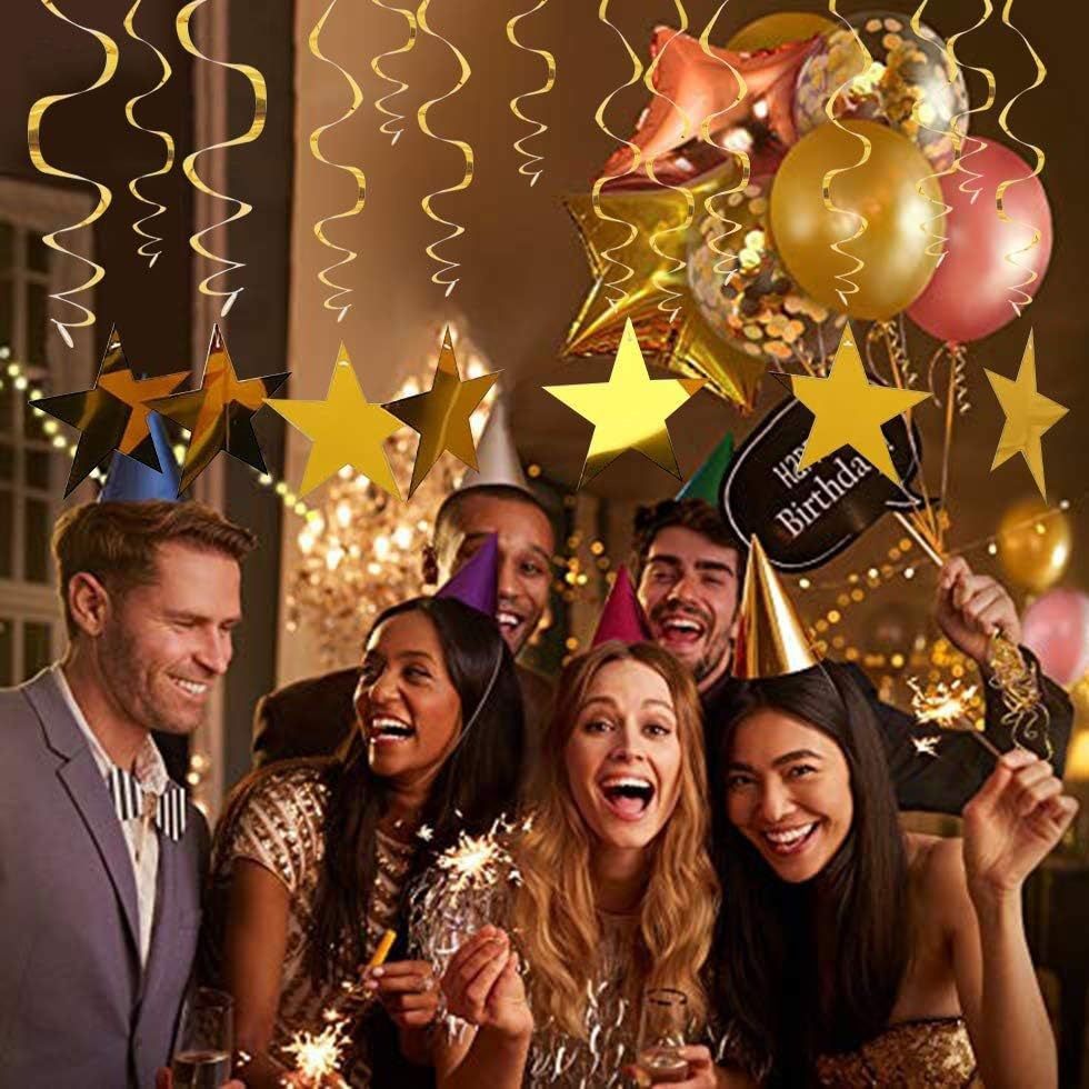 30-Piece Set for Golden and Red and Black Star Spiral Hanging Decorations - Kids Birthday, Wedding, Graduation, and Party Ceiling Decoration - Festive Swirl Streamers, Easy Hang Party Supplies