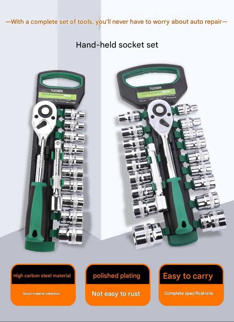 Green 12-Piece 1/2-Inch Drive 24-Tooth Ratchet & Socket Set — High-Carbon Steel, Mirror-Polished Socket Wrench Tool Kit — Automotive Repair Tool Set with Quick-Release Ratchet — Ideal for Car Maintenance, Mechanical Repairs, and DIY Projects