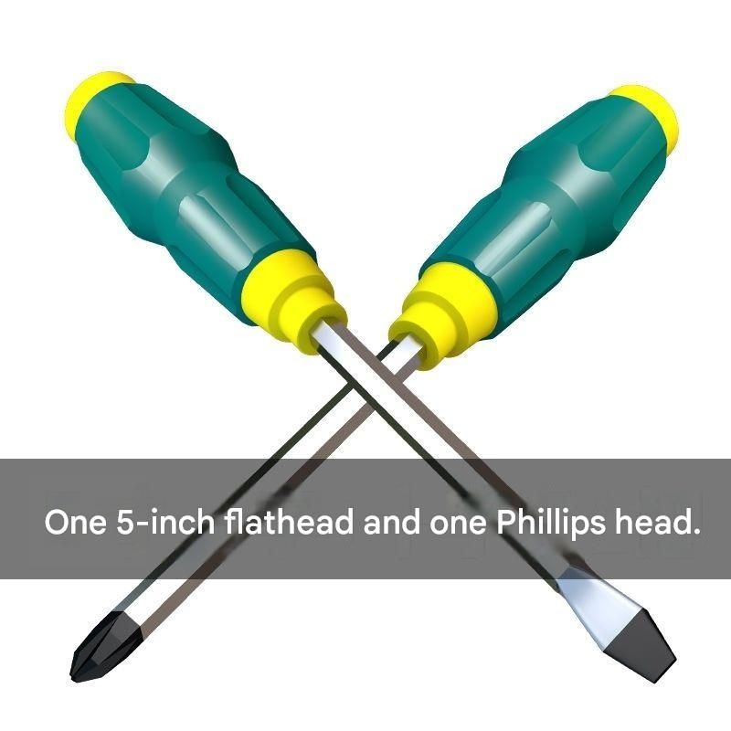 2-piece Green One 5-inch Phillips screwdriver and one 5-inch flathead screwdriver  Impact-Resistant Magnetic Screwdriver with Through-Tang Shaft — Chrome Vanadium Steel Bit, Ergonomic Non-Slip Handle — Ideal for Automotive Repair, Machinery Maintenance, F