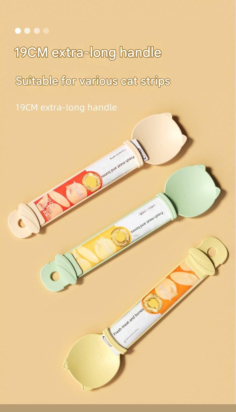 Beige Cat Treat Spoon for Wet Food & Paste - Extra-Long PP Handle, Food-Grade Squeeze Feeder with Anti-Spill Bowl, Easy One-Handed Operation for Cats