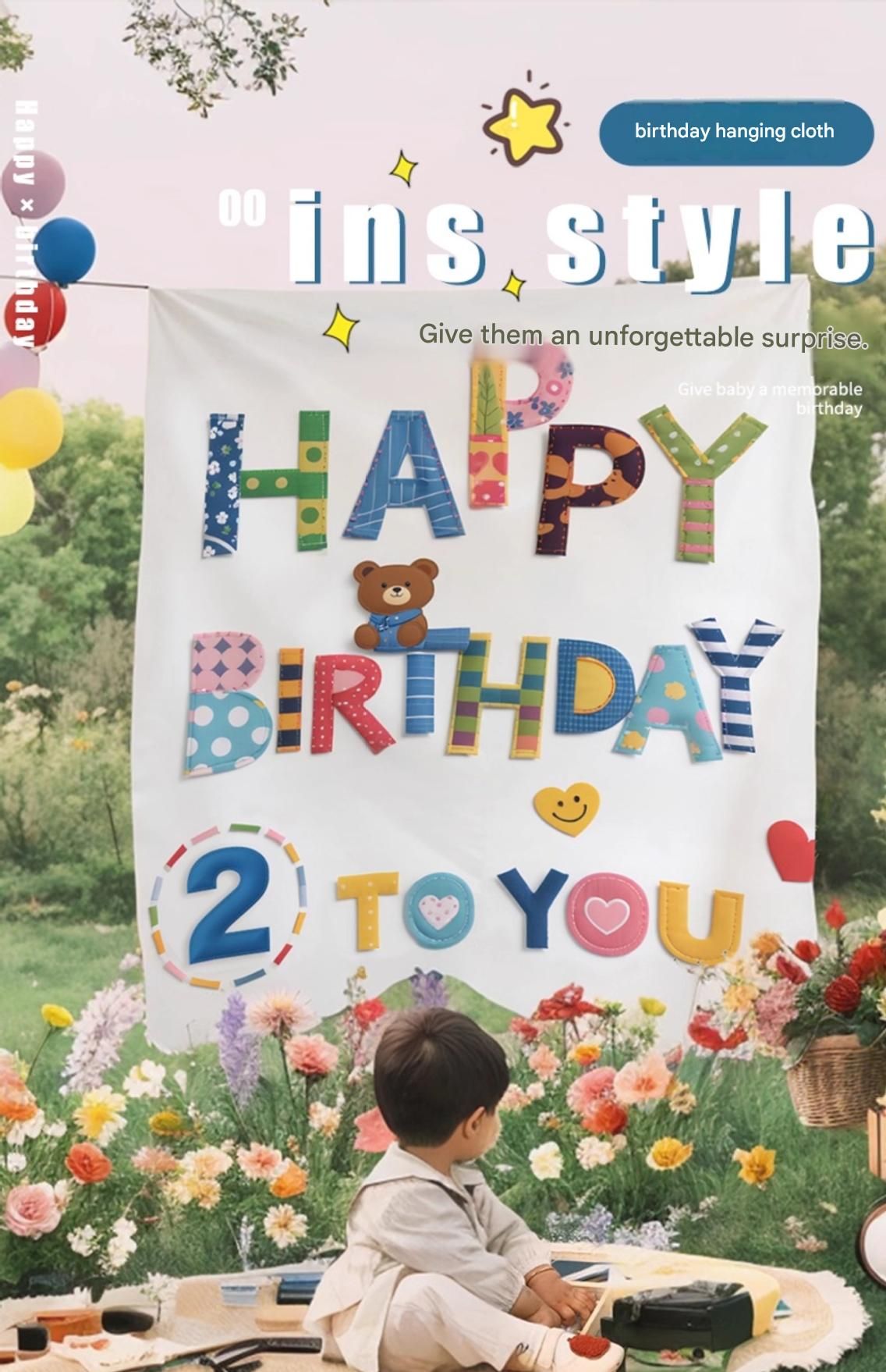 Blue Happy Birthday Backdrop Banner - Reusable Fabric Party Decoration with Colourful Lettering, Photo Background for Kids Birthday, Baby Shower & Celebration