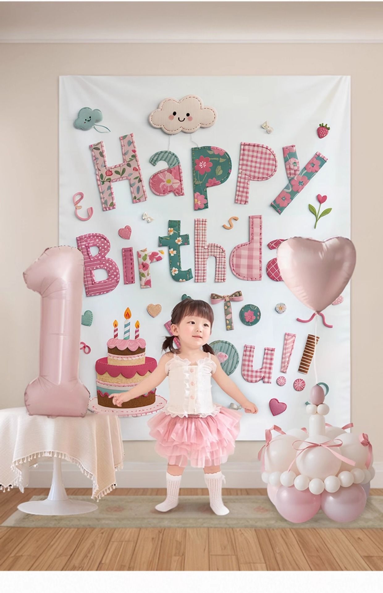 Pink Happy Birthday Backdrop Banner - Reusable Fabric Party Decoration with Colourful Lettering, Photo Background for Kids Birthday, Baby Shower & Celebration