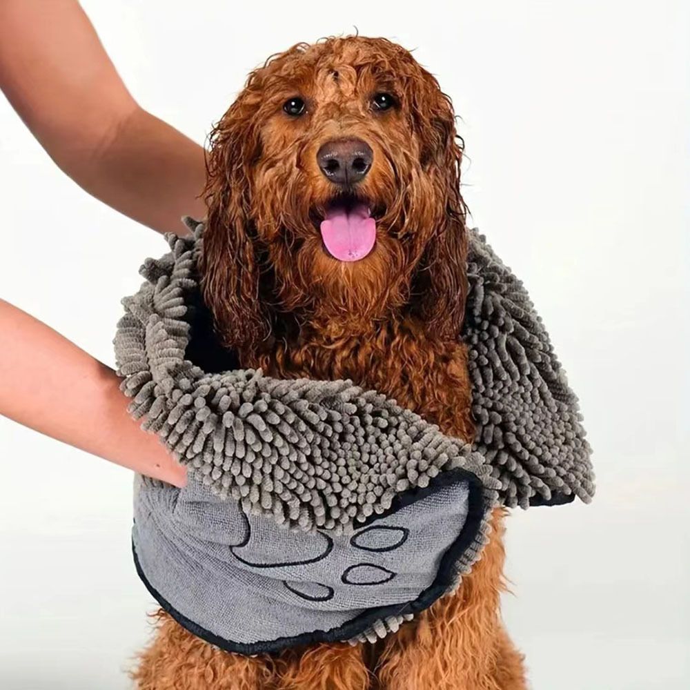 Yellow Chenille Pet Drying Towel with Dual Hand Pockets - Ultra Absorbent, Quick Dry, Soft Microfiber, Durable Stitching - for Dogs and Cats Bathing, Grooming, Travel