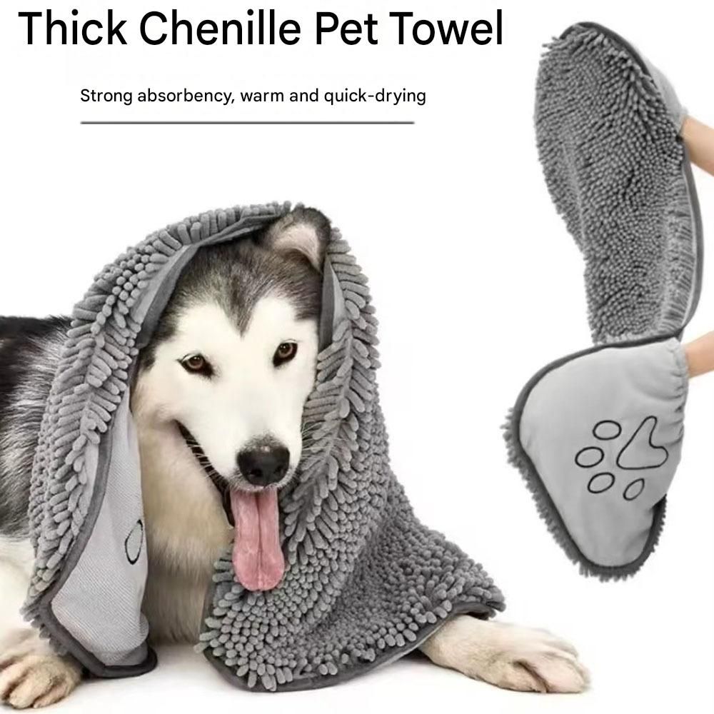 Blue Chenille Pet Drying Towel with Dual Hand Pockets - Ultra Absorbent, Quick Dry, Soft Microfiber, Durable Stitching - for Dogs and Cats Bathing, Grooming, Travel