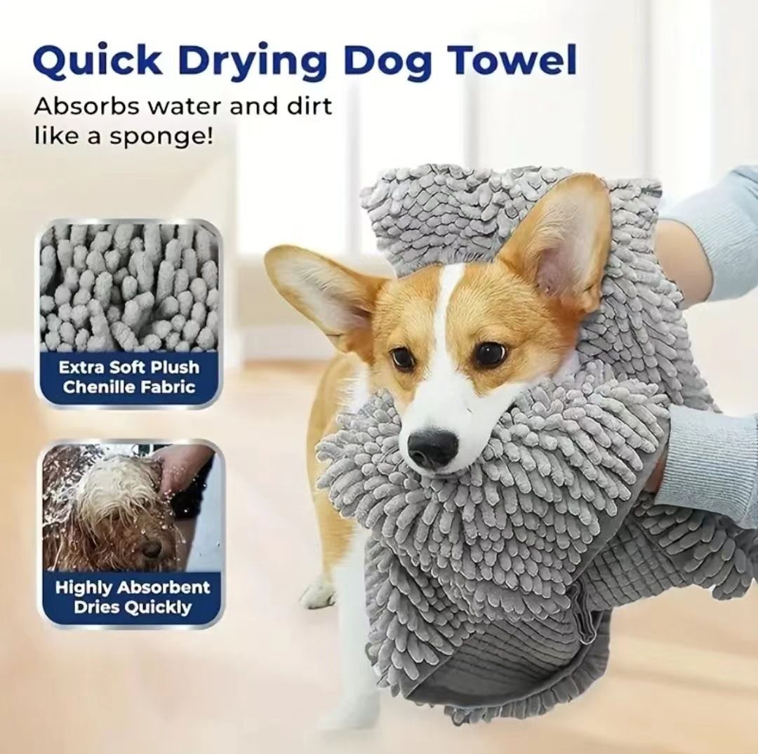 2-piece Yellow and Blue Chenille Pet Drying Towel with Dual Hand Pockets - Ultra Absorbent, Quick Dry, Soft Microfiber, Durable Stitching - for Dogs and Cats Bathing, Grooming, Travel