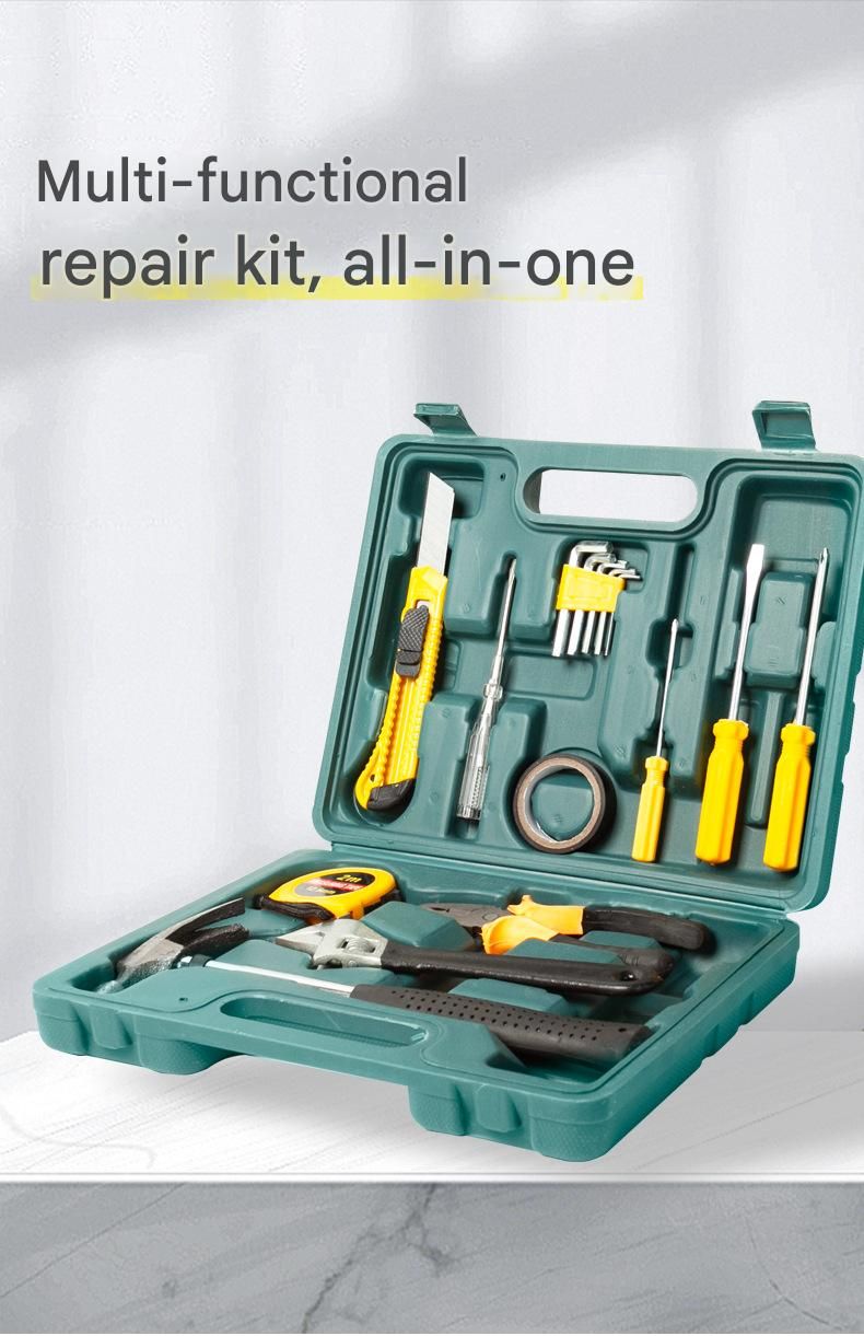 Green 11 Piece Set -Multi-Purpose Home & Car Tool Kit -  Durable Blow-Molded Case, Utility Knife, Tape Measure, Pliers, Hammer, Screwdrivers, Allen Keys - Compact Emergency Repair Set for DIY and Auto Maintenance