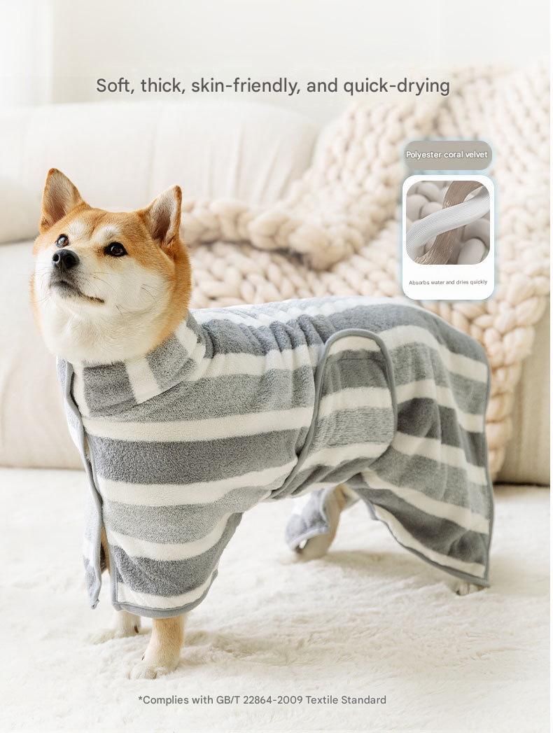 Grey and White XS Size Super Absorbent Dog Bathrobe – Quick-Dry Coral Fleece Pet Towel with Snaps & Adjustable Belly Strap | Wearable Drying Coat for Small Medium Large Dogs & Cats After Bath, Swim, Rain