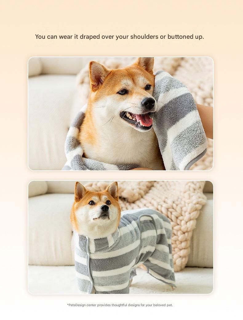Grey and White XS Size Super Absorbent Dog Bathrobe – Quick-Dry Coral Fleece Pet Towel with Snaps & Adjustable Belly Strap | Wearable Drying Coat for Small Medium Large Dogs & Cats After Bath, Swim, Rain