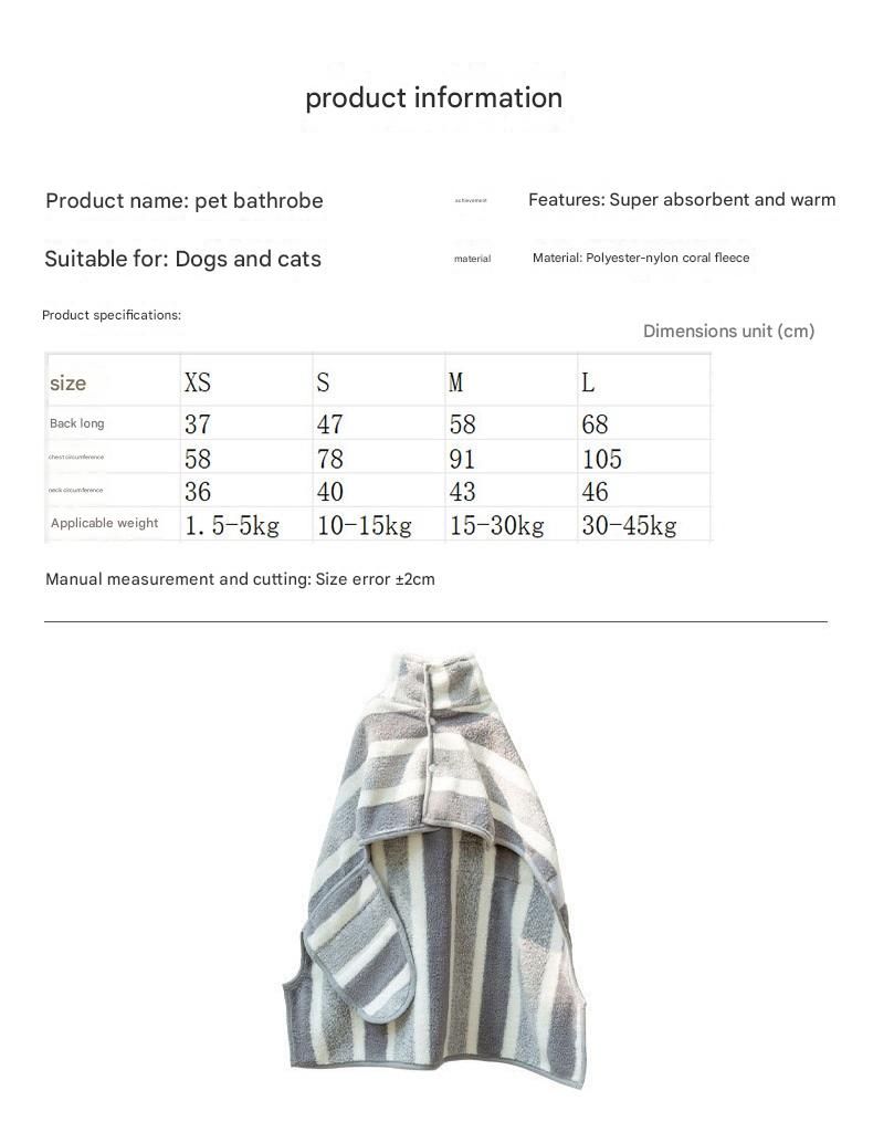 Grey and White L Size Super Absorbent Dog Bathrobe – Quick-Dry Coral Fleece Pet Towel with Snaps & Adjustable Belly Strap | Wearable Drying Coat for Small Medium Large Dogs & Cats After Bath, Swim, Rain