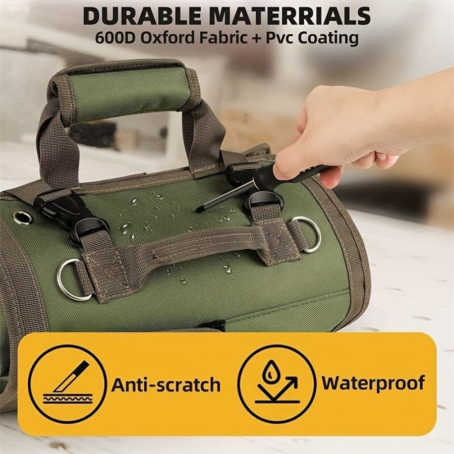 Green Multi-Purpose 600D Oxford Cloth Roll-Up Tool Organizer Bag – Heavy-Duty Waterproof & Anti-Scratch Organizer for Electricians, Mechanics & Automotive Use-Duty Oxford Fabric - Multi-Pocket Storage for Electricians, Mechanics & DIY Enthusiasts