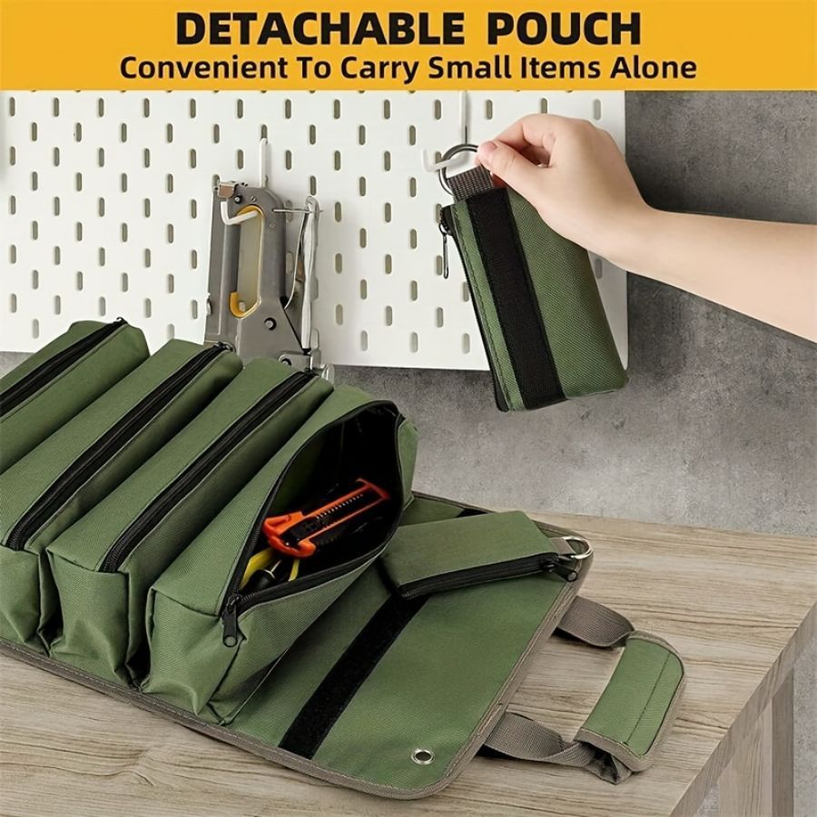 Khaki Multi-Purpose 600D Oxford Cloth Roll-Up Tool Organizer Bag – Heavy-Duty Waterproof & Anti-Scratch Organizer for Electricians, Mechanics & Automotive Use-Duty Oxford Fabric - Multi-Pocket Storage for Electricians, Mechanics & DIY Enthusiasts