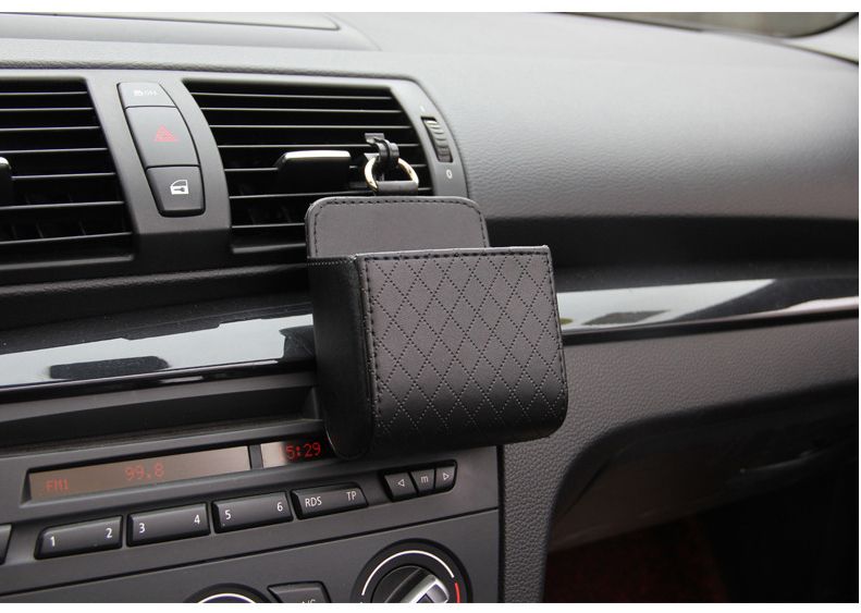 Black Leather Car Air Vent Storage Bag - Multi-Purpose Phone Holder & Organiser Pouch for Sunglasses, Keys, Cards - Universal Fit, Easy Install, Compact Design for Dashboard Tidy