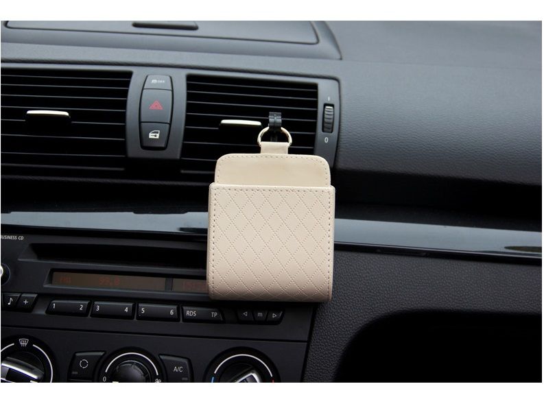 Beige Leather Car Air Vent Storage Bag - Multi-Purpose Phone Holder & Organiser Pouch for Sunglasses, Keys, Cards - Universal Fit, Easy Install, Compact Design for Dashboard Tidy