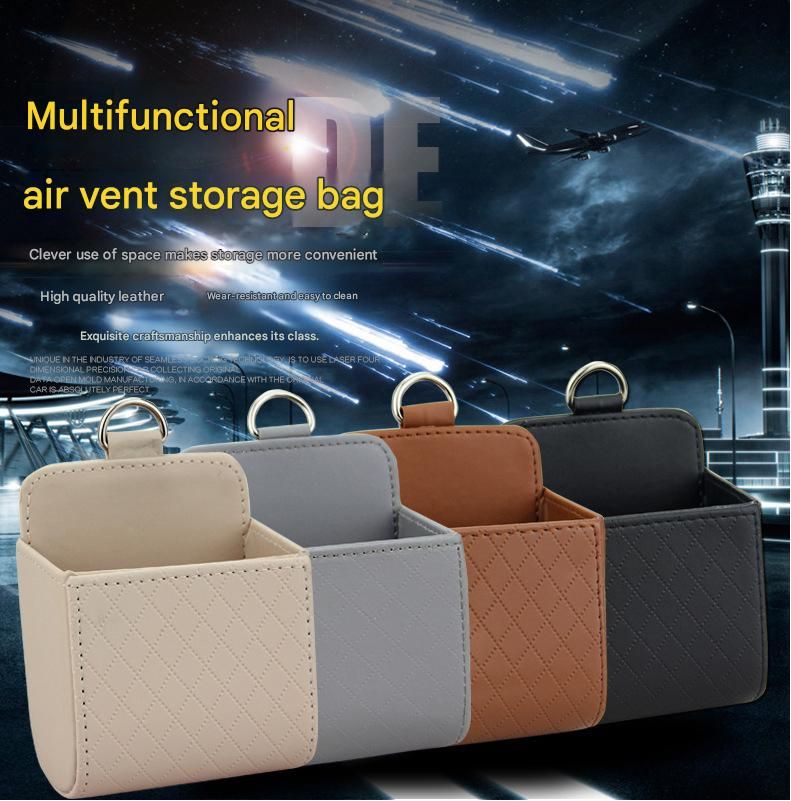 Grey Leather Car Air Vent Storage Bag - Multi-Purpose Phone Holder & Organiser Pouch for Sunglasses, Keys, Cards - Universal Fit, Easy Install, Compact Design for Dashboard Tidy