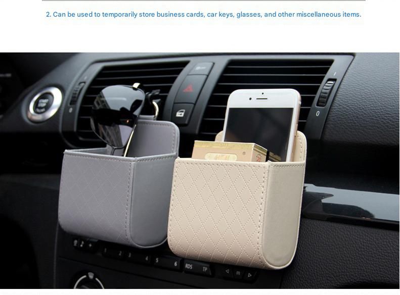 Grey Leather Car Air Vent Storage Bag - Multi-Purpose Phone Holder & Organiser Pouch for Sunglasses, Keys, Cards - Universal Fit, Easy Install, Compact Design for Dashboard Tidy