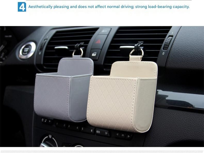 Grey Leather Car Air Vent Storage Bag - Multi-Purpose Phone Holder & Organiser Pouch for Sunglasses, Keys, Cards - Universal Fit, Easy Install, Compact Design for Dashboard Tidy