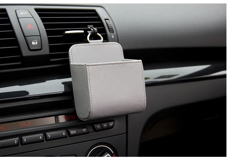 Grey Leather Car Air Vent Storage Bag - Multi-Purpose Phone Holder & Organiser Pouch for Sunglasses, Keys, Cards - Universal Fit, Easy Install, Compact Design for Dashboard Tidy