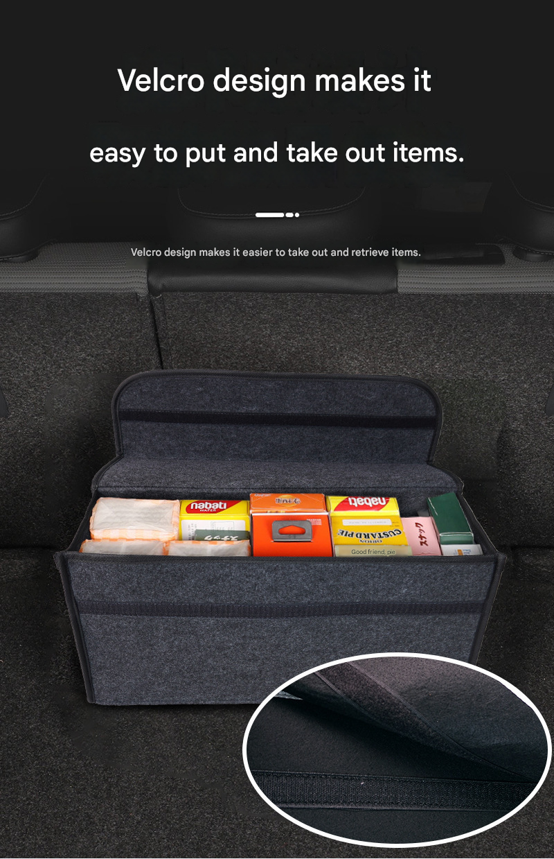 Black Foldable Car Trunk Organizer - Durable Felt Storage Box with Magic Tape Closure, Portable Handle, Scratch Resistant, Space Saving Design for SUV, Sedan, Hatchback