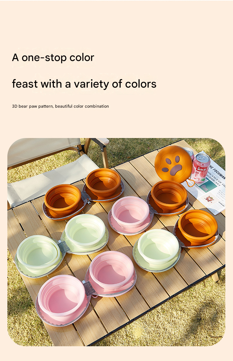 Light Yellow Portable Collapsible Silicone Pet Bowl - Food Grade Silicone - Dual Bowl Design, Adjustable Height, Lightweight & Compact, Bear Paw Pattern, for Dogs & Cats, Travel Friendly, Easy Clean