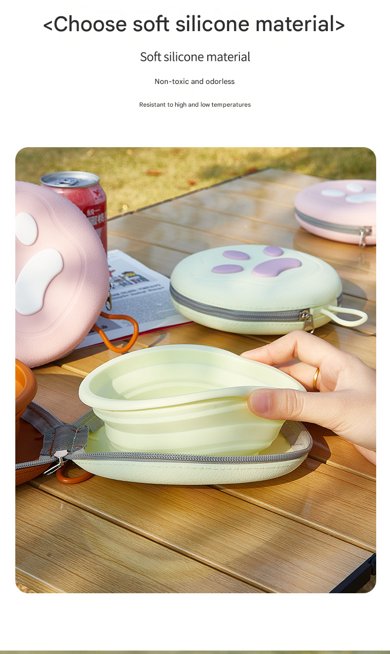 Pink Portable Collapsible Silicone Pet Bowl - Food Grade Silicone - Dual Bowl Design, Adjustable Height, Lightweight & Compact, Bear Paw Pattern, for Dogs & Cats, Travel Friendly, Easy Clean