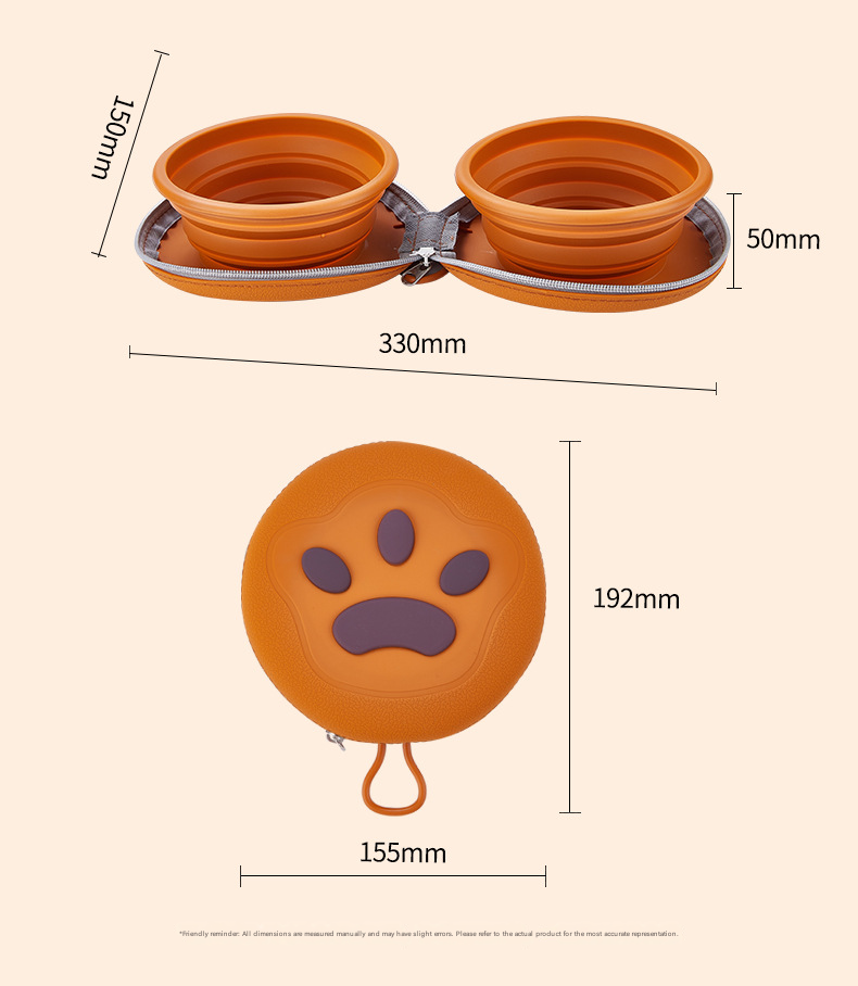 Brown Portable Collapsible Silicone Pet Bowl - Food Grade Silicone - Dual Bowl Design, Adjustable Height, Lightweight & Compact, Bear Paw Pattern, for Dogs & Cats, Travel Friendly, Easy Clean