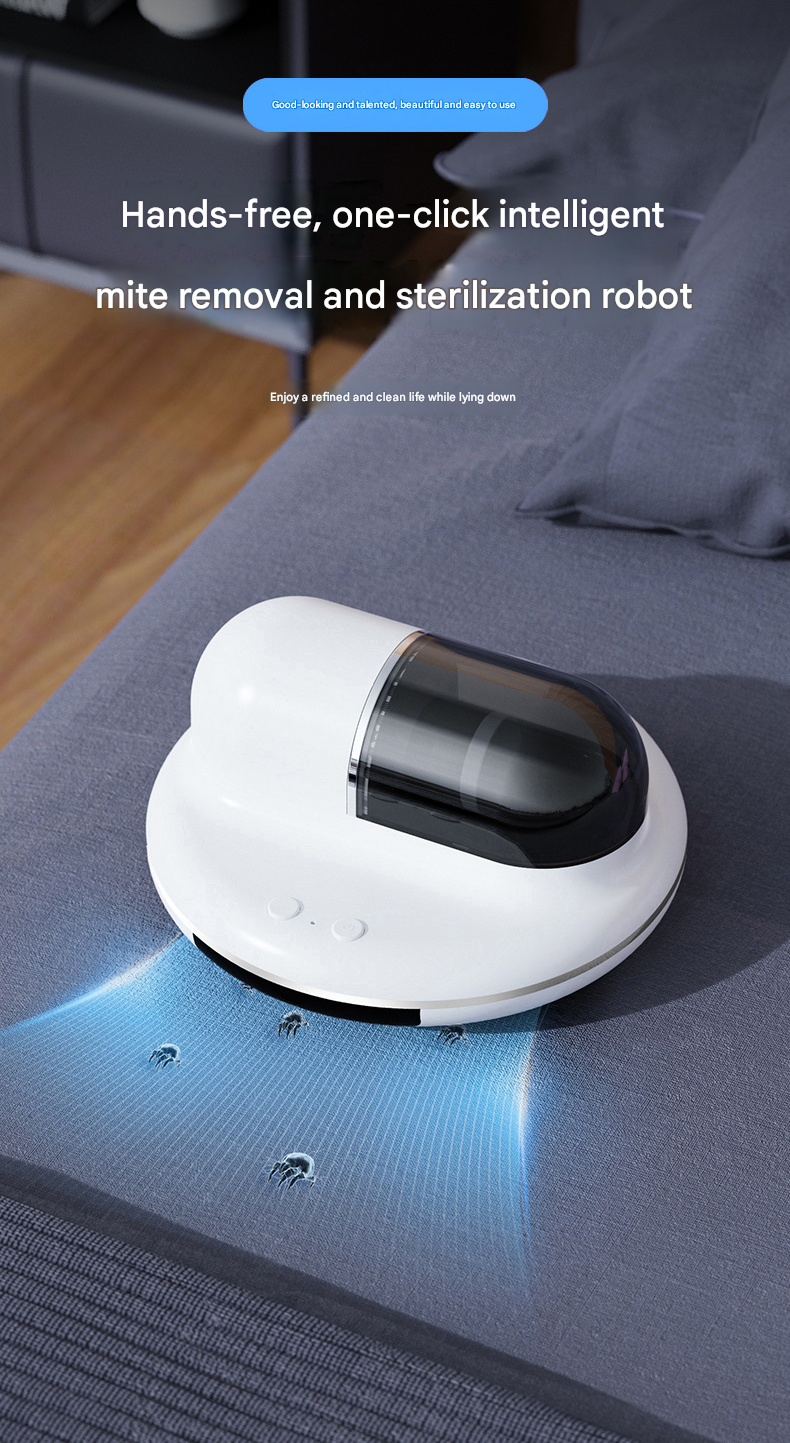 White Automatic Intelligent Walking Mite Removal Robot - UV Sterilisation, High Frequency Beating, Strong Suction, Wireless Rechargeable Bed Vacuum for Mattress, Sofa, Carpet, Pet Hair